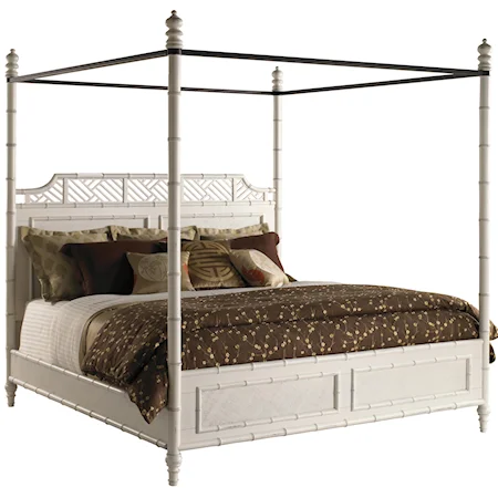 California King-Size West Indies Canopy Bed with Chippendale Lattice Design & Split Rattan Panels